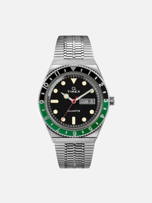 Timex Q Reissue Black and Green Bezel 38mm Stainless Steel Bracelet Watch