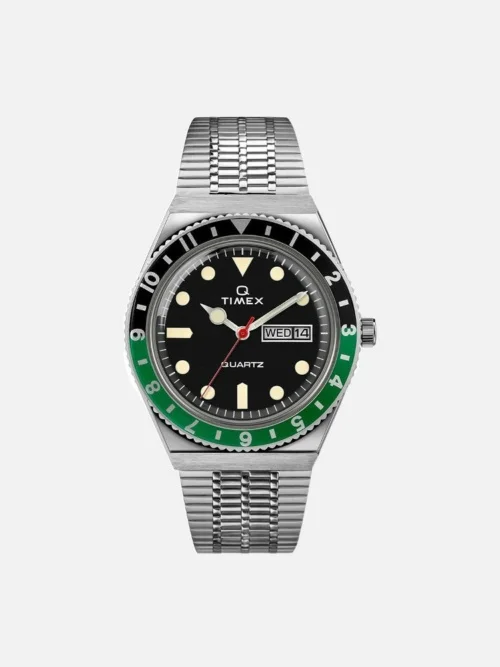 Timex Q Reissue Black and Green Bezel 38mm Stainless Steel Bracelet Watch
