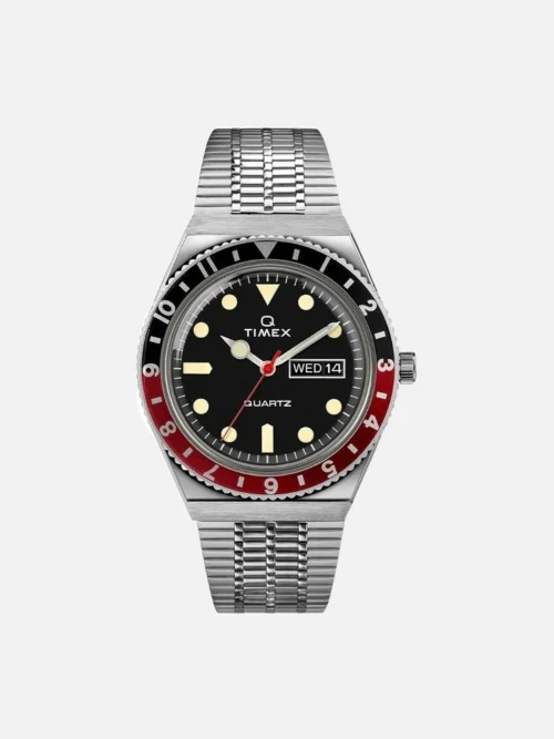 Timex Q Reissue Black and Red Bezel 38mm Stainless Steel Bracelet Watch