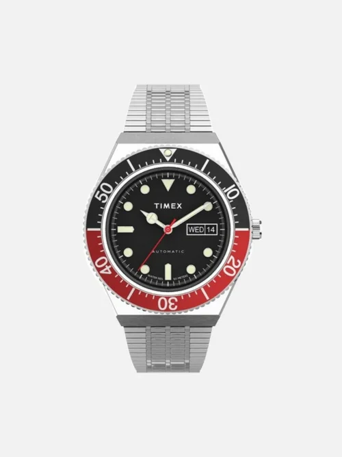 Timex M79 Automatic Black and Red Bezel 40mm Stainless Steel Bracelet Watch