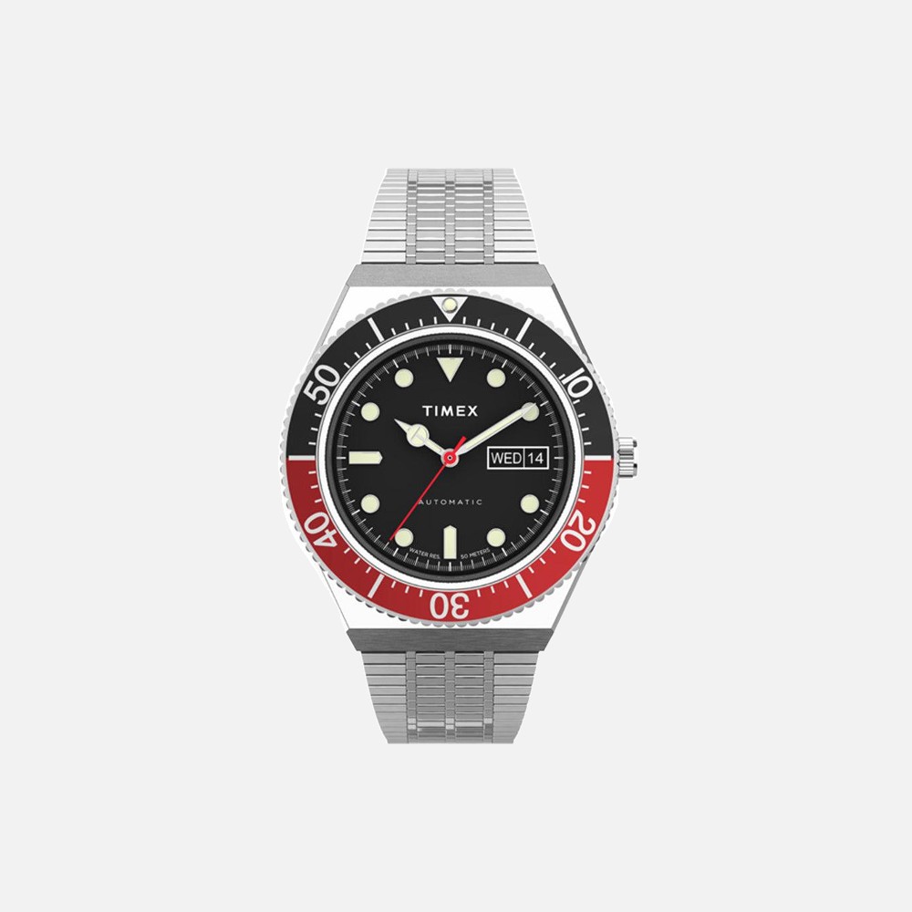 Timex M79 Automatic Black and Red Bezel 40mm Stainless Steel Bracelet Watch
