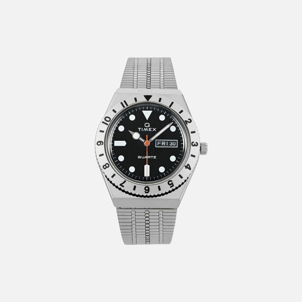Timex Q Reissue Black Dial Silver Tone Bezel Stainless Steel Bracelet Watch