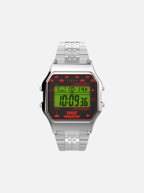 Timex T80 x Space Invaders Silver Tone 34mm Stainless Steel Bracelet Watch