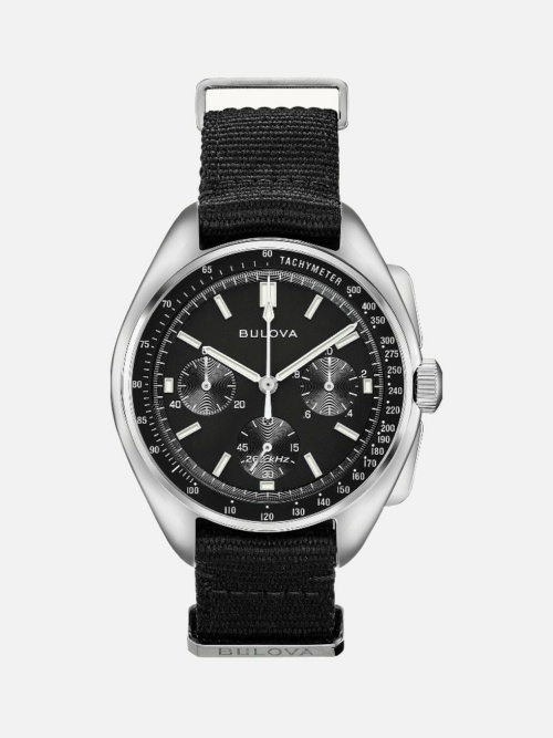96A225 Lunar Pilot Chronograph Black Dial on Black Polyester Strap