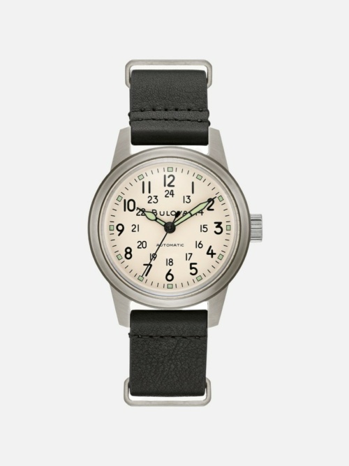 96A246 Hack Watch Ivory Dial on Black Leather NATO Strap