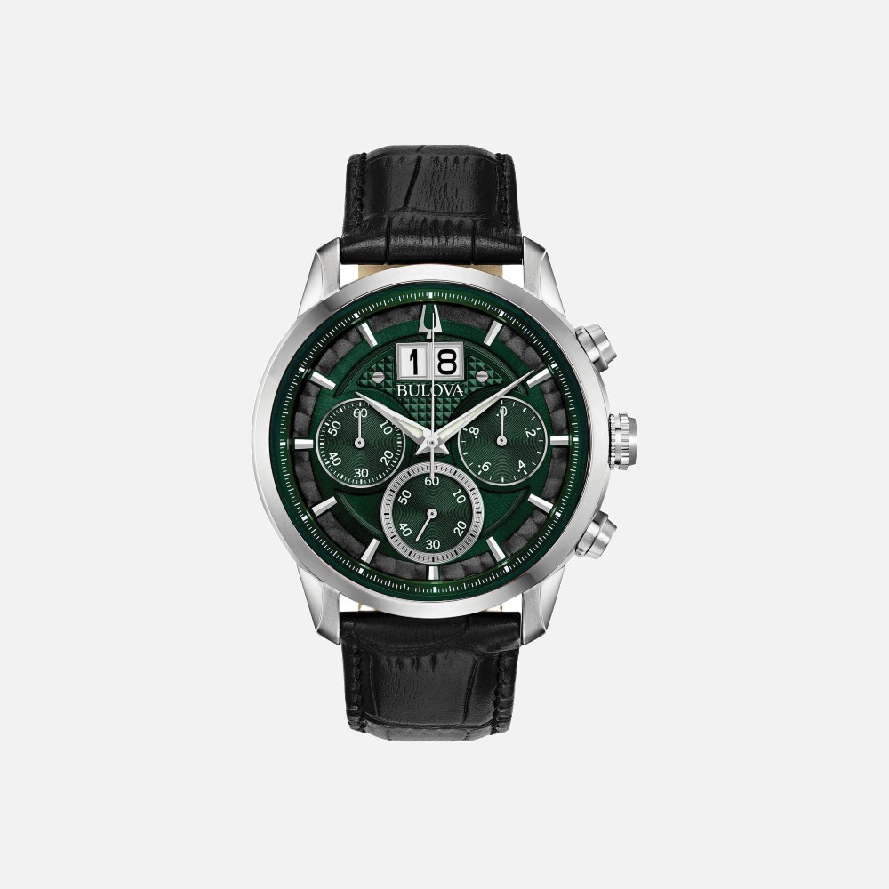 96B310 Sutton Chronograph Forest Green Dial on Black Leather Strap