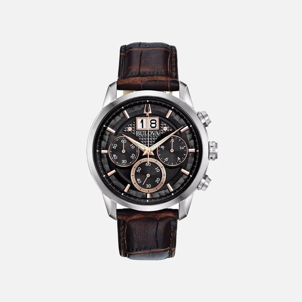 96B311 Sutton Chronograph Black Dial with Rose Gold Accents on Brown Leather Strap
