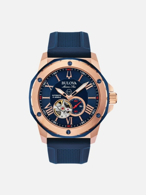 98A227 Marine Star Series A Automatic Rose Gold Tone Case on Blue Silicone Strap