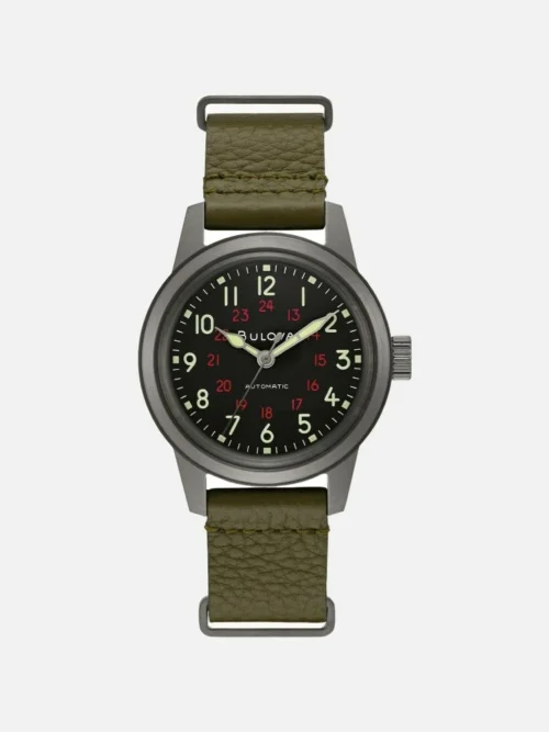 98A255 Hack Watch with Black Dial on Green Leather NATO Strap