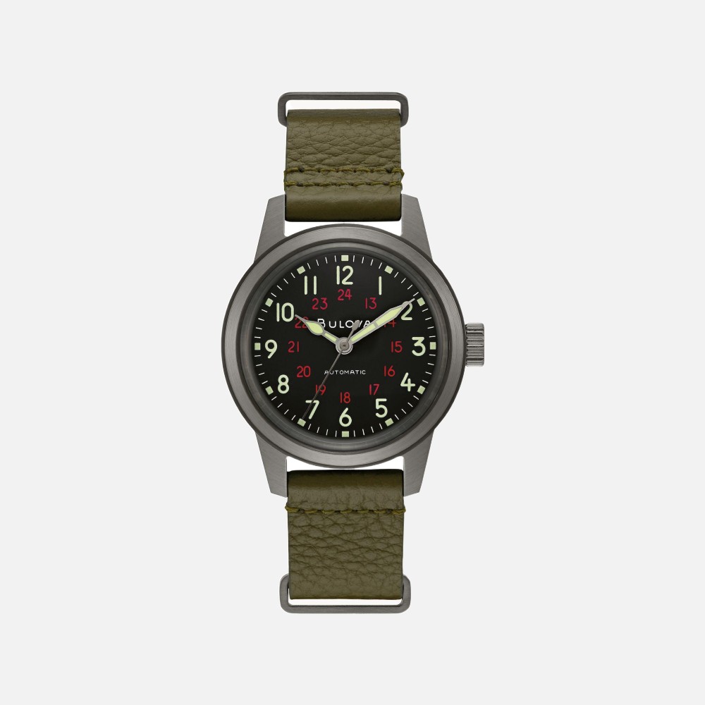 98A255 Hack Watch with Black Dial on Green Leather NATO Strap