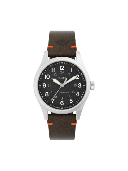 Timex TW2V64200 Expedition Solar 36mm field watch with black dial and brown leather band - front view