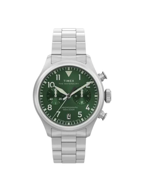 Timex TW2Y19100 Waterbury Ace Chronograph 41mm green dial stainless steel bracelet watch — front view