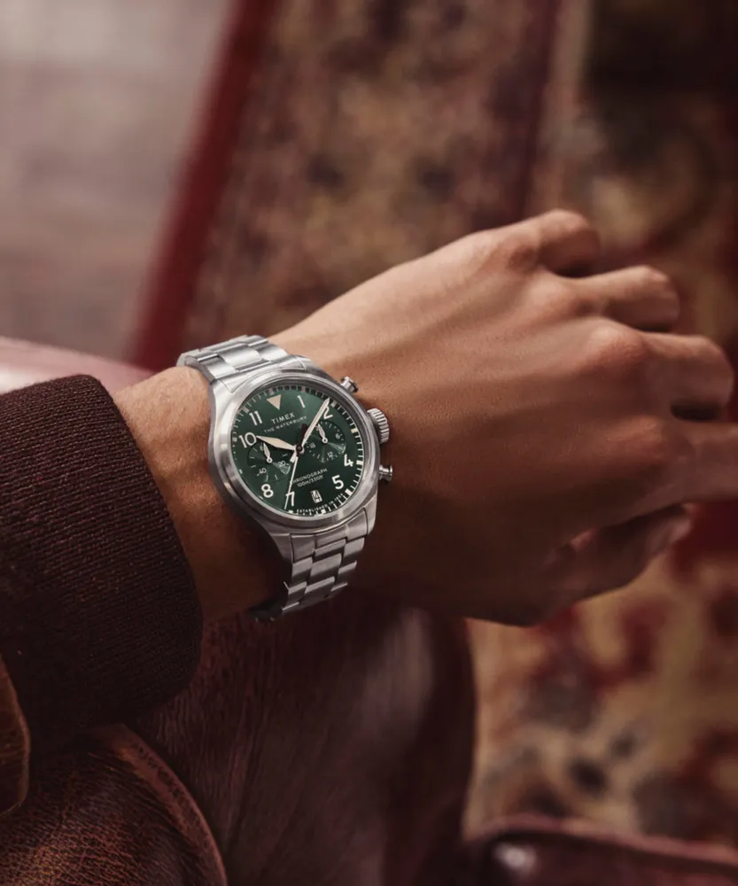 Timex TW2Y19100 Waterbury Ace Chronograph 41mm green dial stainless steel bracelet watch — worn on the wrist
