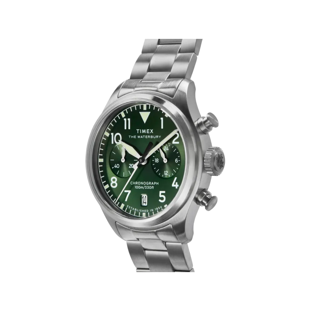 Timex TW2Y19100 Waterbury Ace Chronograph 41mm green dial stainless steel bracelet watch — three-quarter angle view