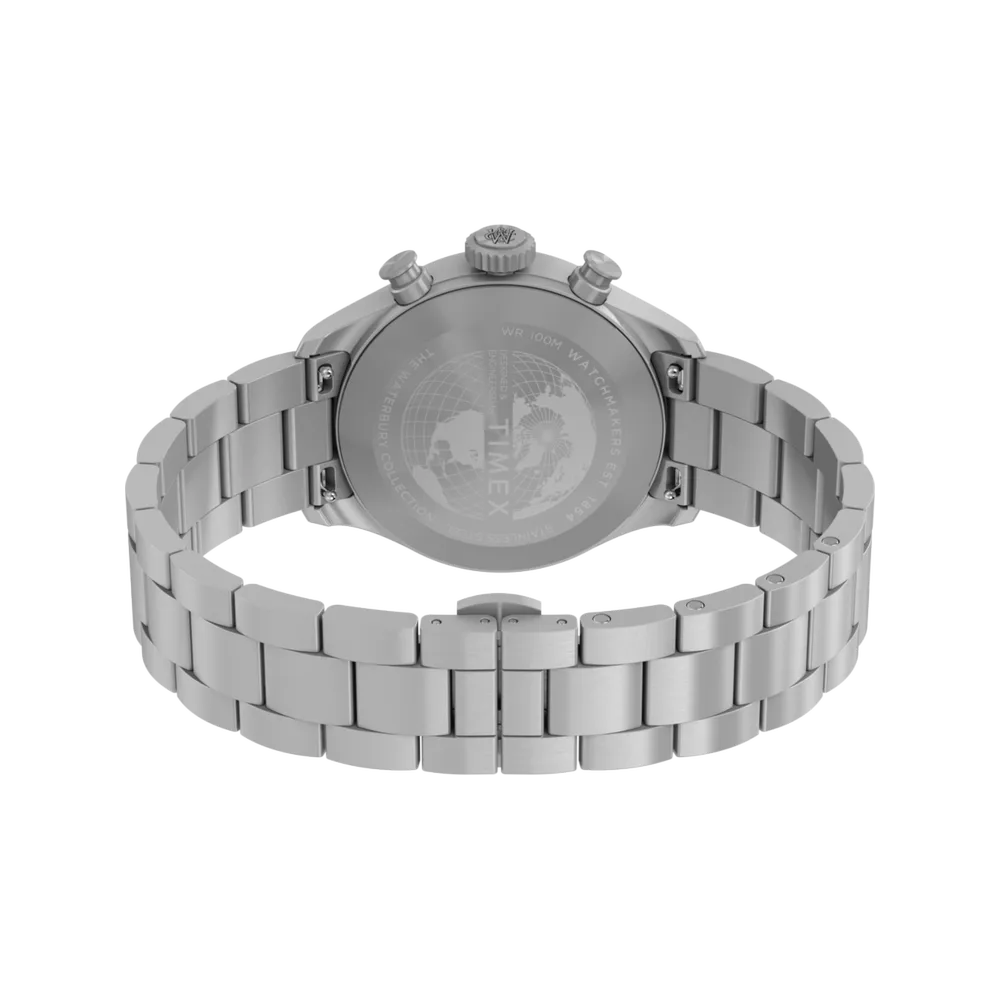 Timex TW2Y19100 Waterbury Ace Chronograph 41mm green dial stainless steel bracelet watch — back view with bracelet closed