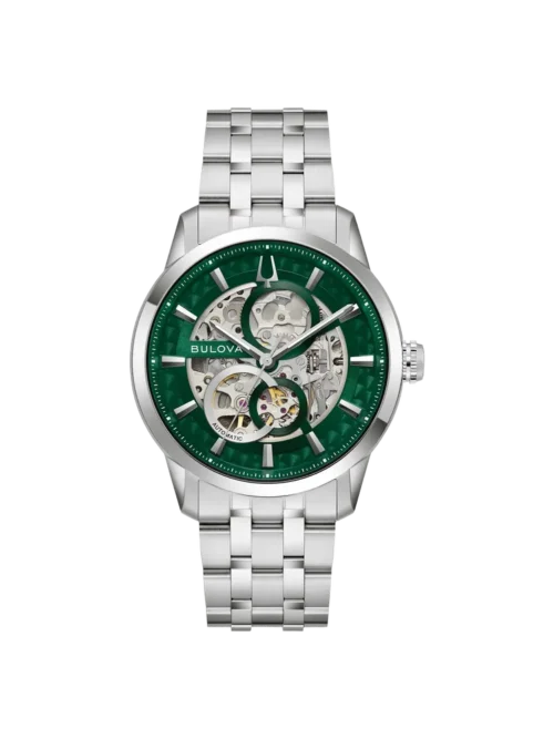 Bulova 96A329 Sutton green skeleton dial stainless steel automatic watch front view