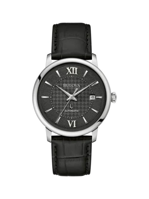 Bulova 96B441 Hudson automatic black textured dial leather band front view