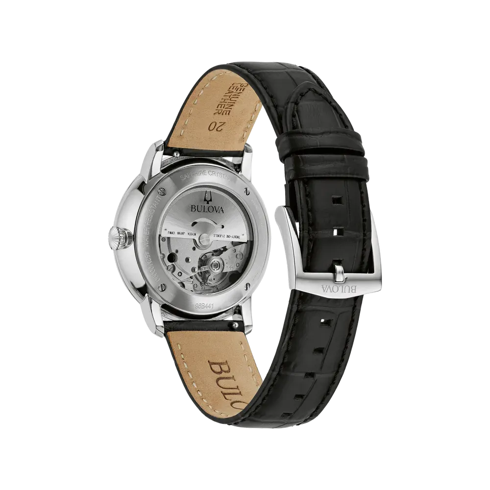 Bulova 96B441 Hudson automatic exhibition caseback and black leather strap detail