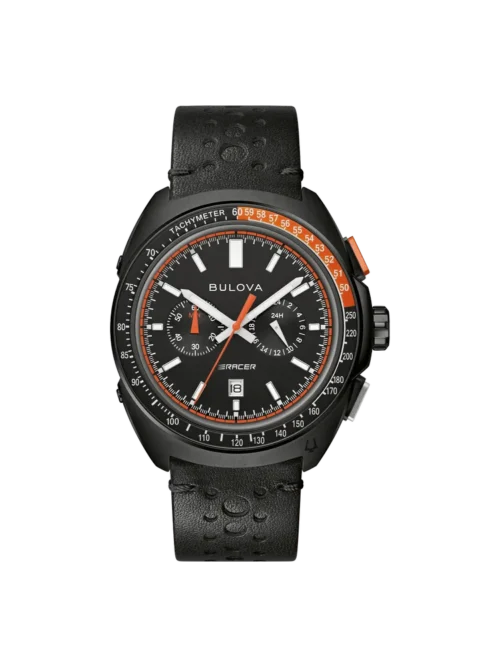 Bulova 98B428 Racer Chronograph black dial leather strap front view