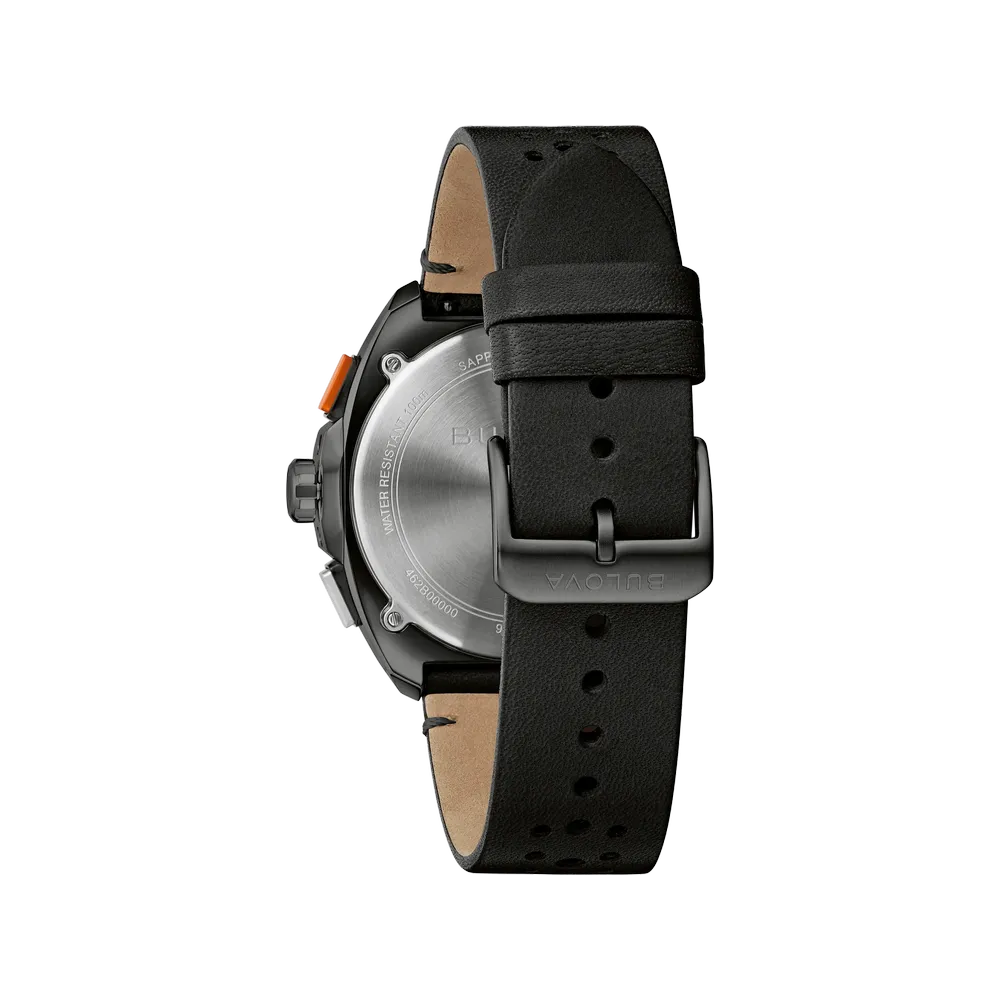 Bulova 98B428 Racer Chronograph caseback and black leather strap