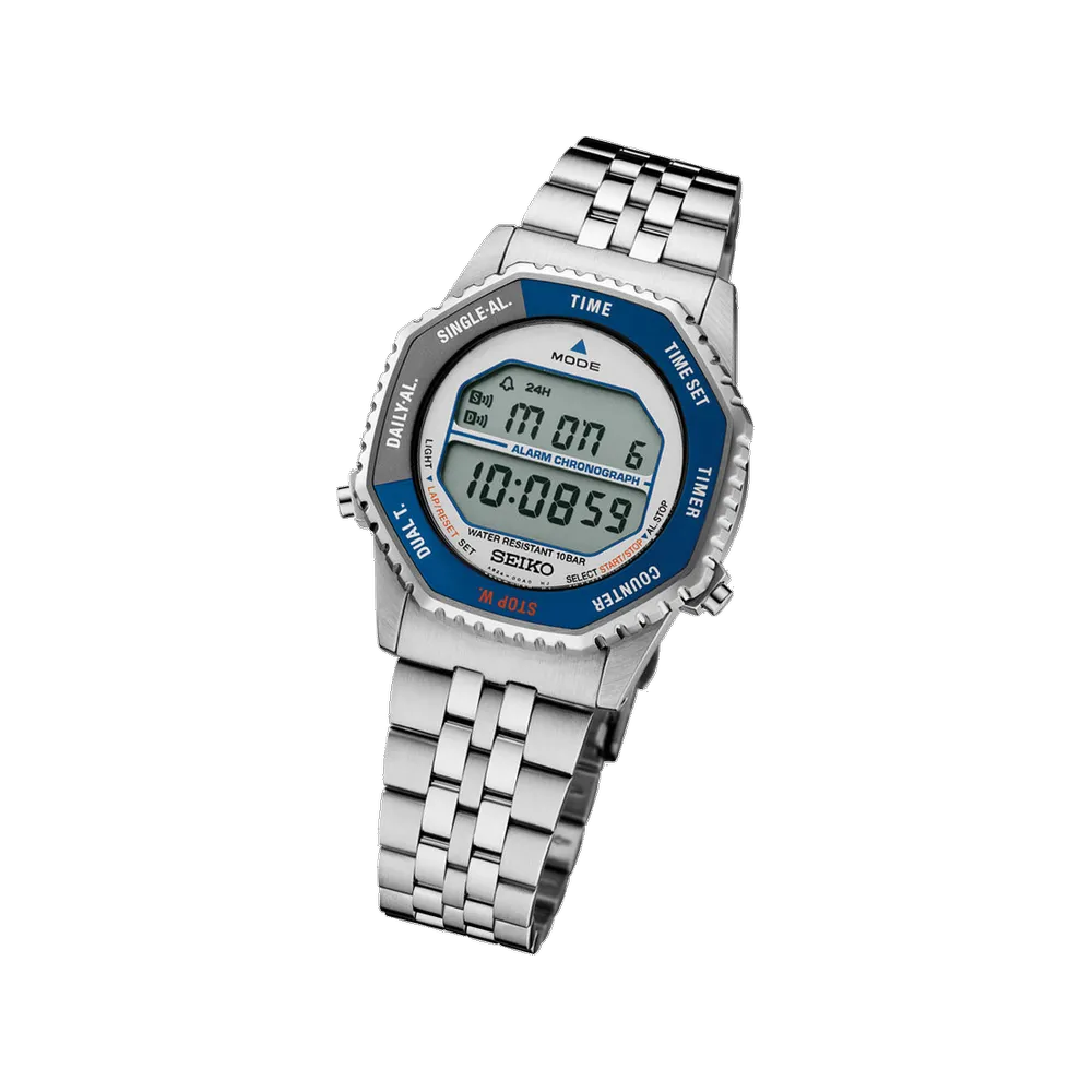 Seiko SMGG21 Rotocall blue bezel digital watch - angled front view