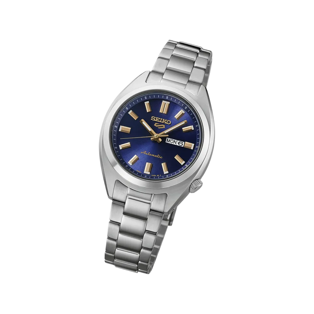Seiko SRE021 5 Sports SNXS blue dial angled view on steel bracelet