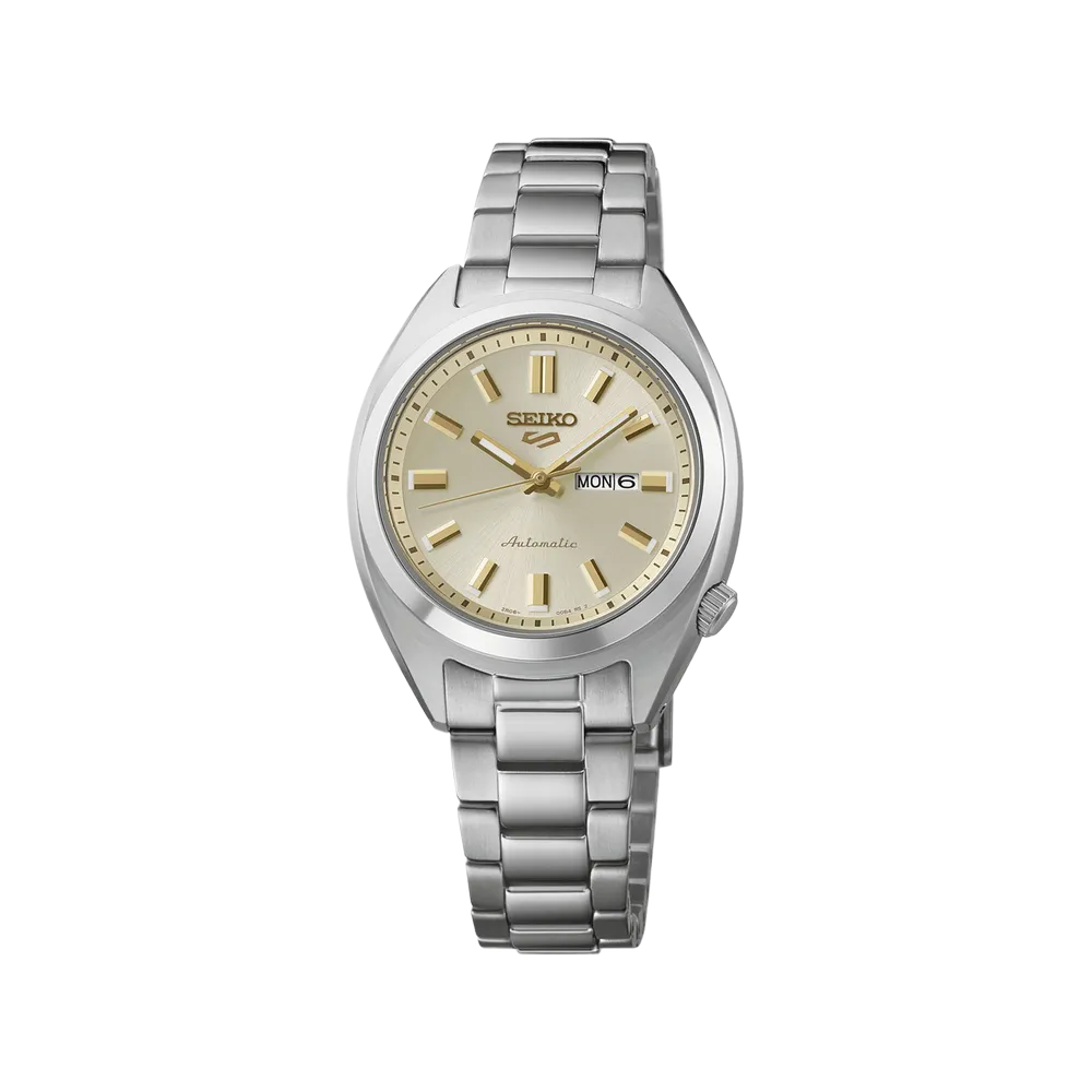 Seiko SRE023 5 Sports SNXS champagne dial automatic watch - close front view