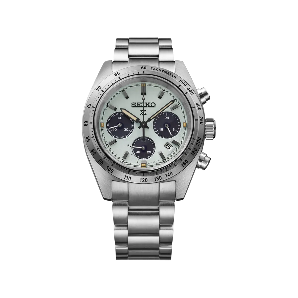 Seiko SSC965 Prospex Speedtimer green solar chronograph watch - detail view