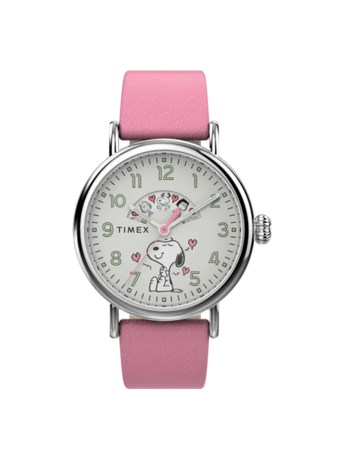 Timex TW2W88900 Standard x Peanuts Snoopy 40mm white dial pink leather band watch - front soldier view