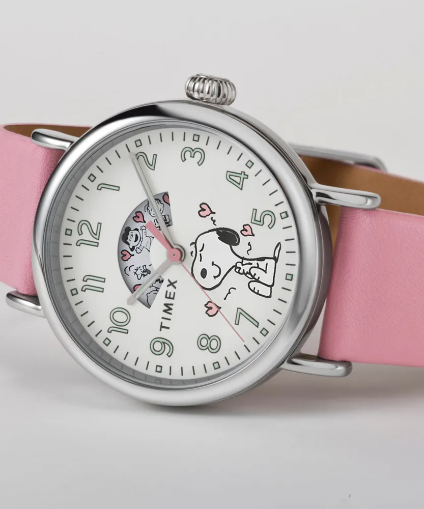 Timex TW2W88900 Standard x Peanuts Snoopy 40mm white dial pink leather band watch - angled three-quarter dial view