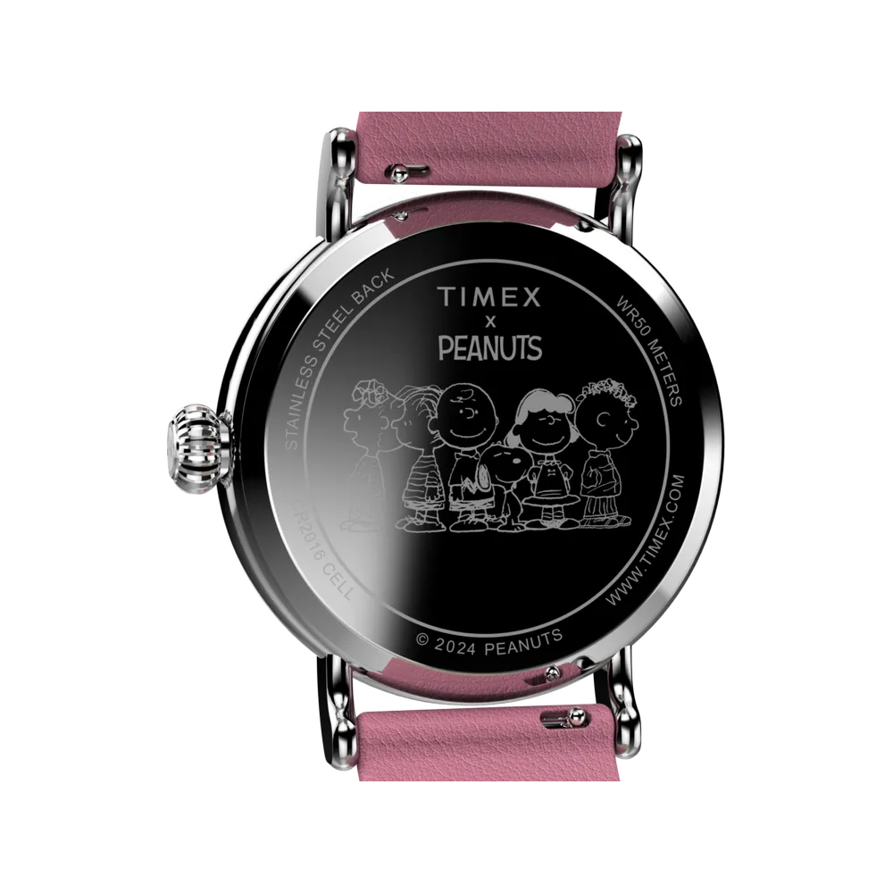 Timex TW2W88900 Standard x Peanuts Snoopy 40mm white dial pink leather band watch - rear view with pink leather strap and buckle