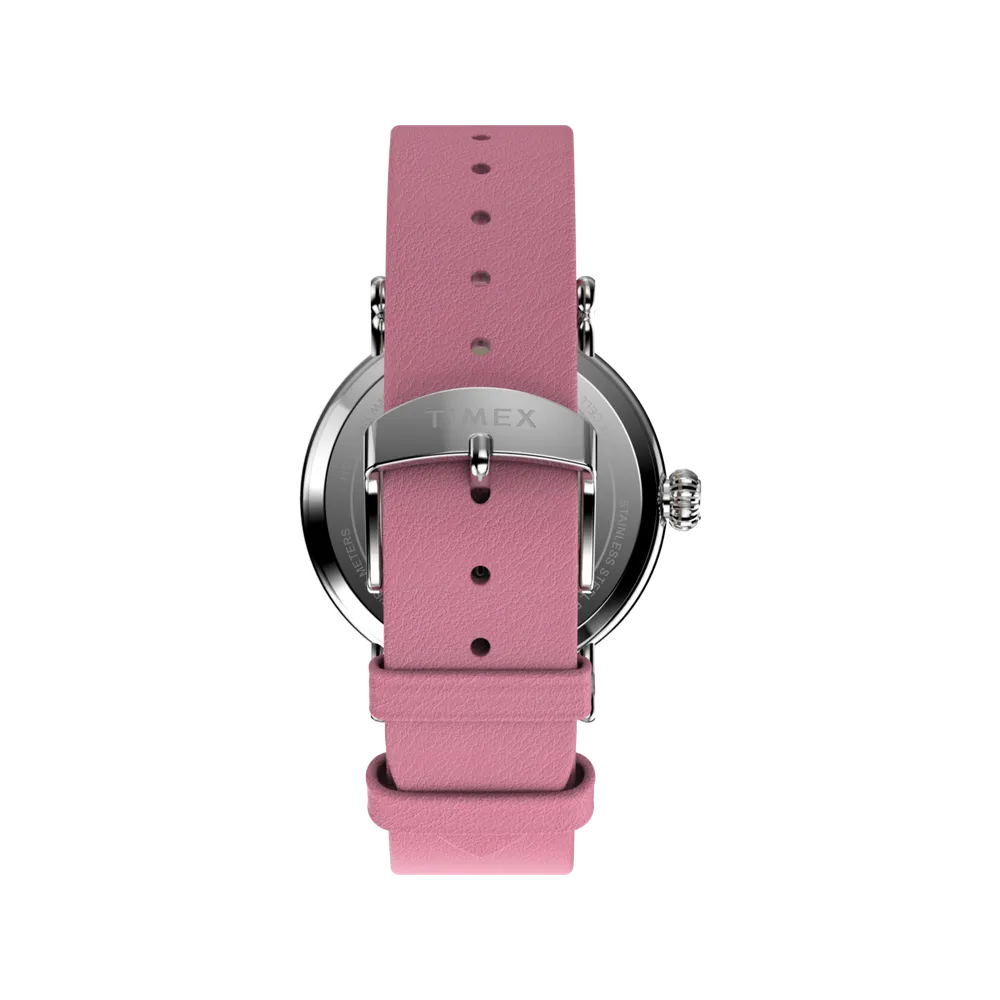 Timex TW2W88900 Standard x Peanuts Snoopy 40mm white dial pink leather band watch - stainless steel caseback engraved Timex x Peanuts, WR50 meters