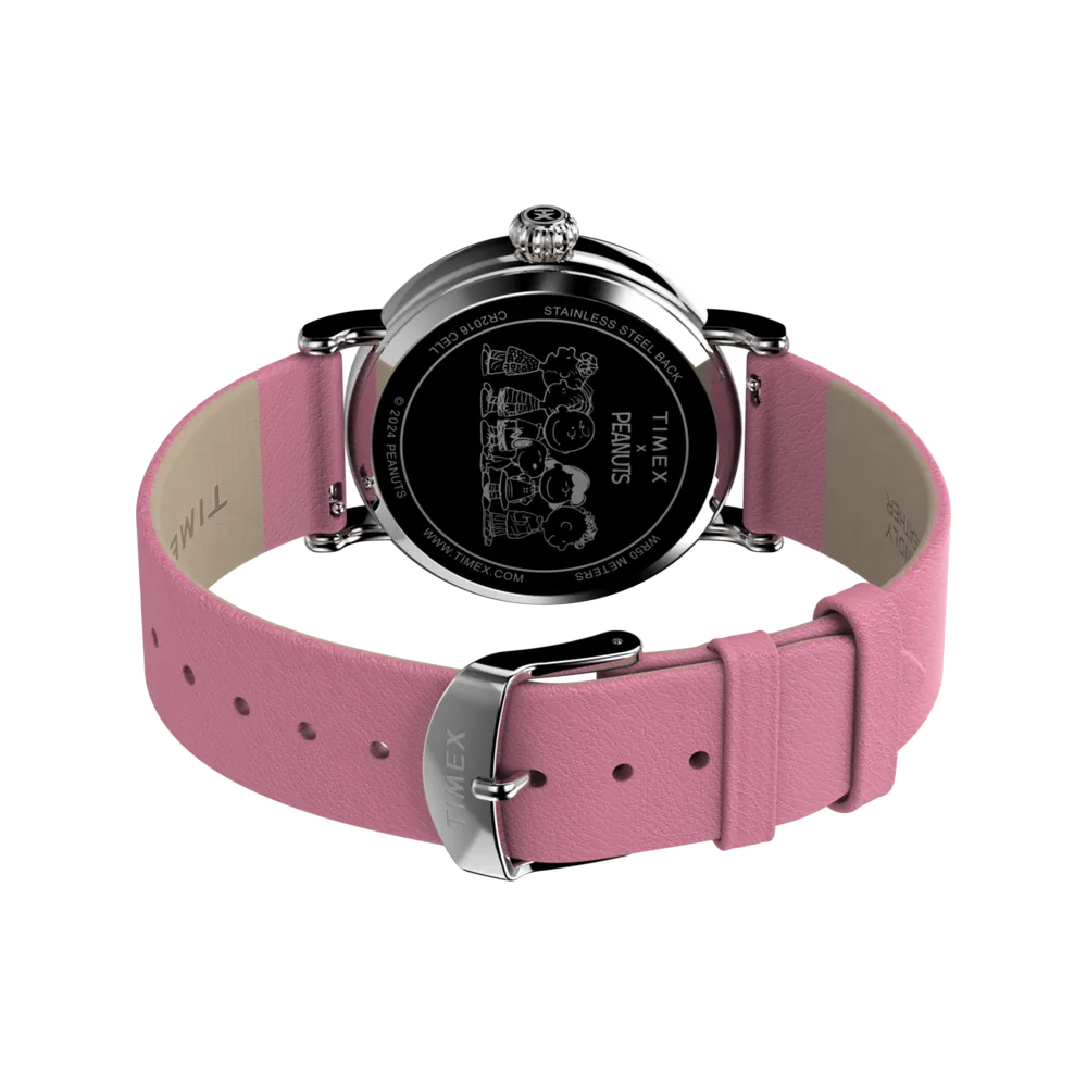 Timex TW2W88900 Standard x Peanuts Snoopy 40mm white dial pink leather band watch - angled rear three-quarter view