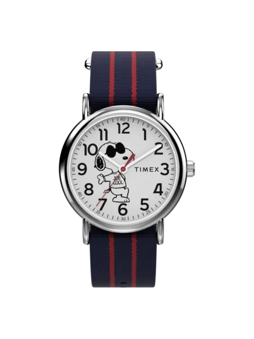 Timex TW2Y31100 Peanuts Weekender Joe Cool 38mm white Snoopy dial navy and red striped fabric strap watch — front view