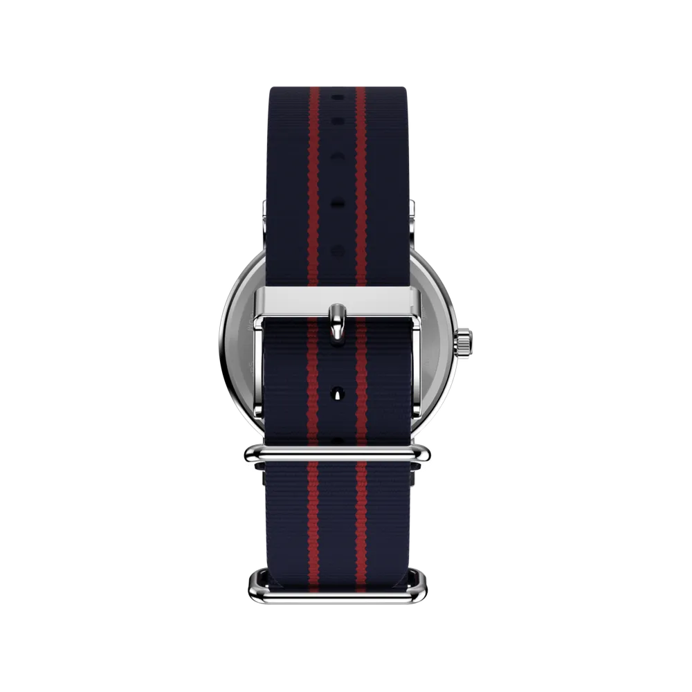 Timex TW2Y31100 Peanuts Weekender Joe Cool 38mm watch — back view showing slip-thru navy and red striped fabric strap and buckle