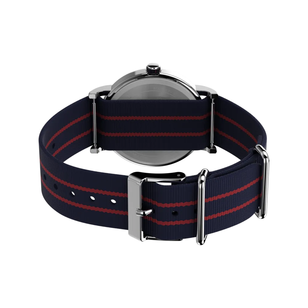 Timex TW2Y31100 Peanuts Weekender Joe Cool 38mm watch — angled rear view of case and fabric strap