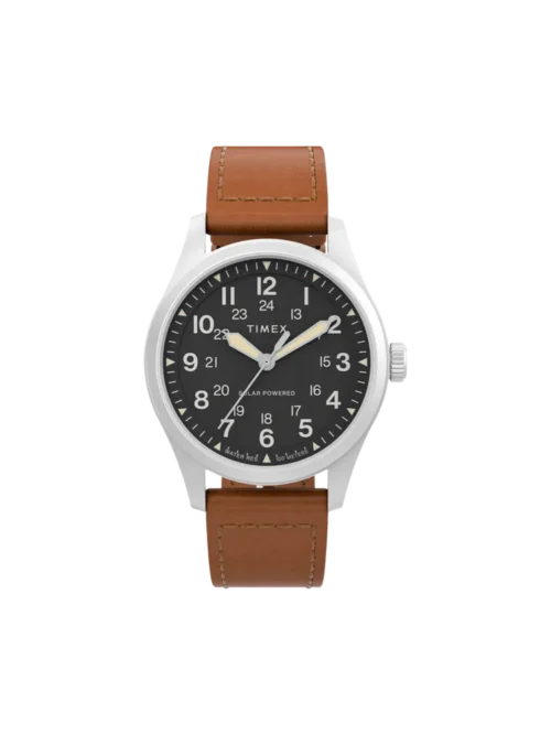 Timex TW2V00200 Expedition Field Post Solar black dial brown leather band front view