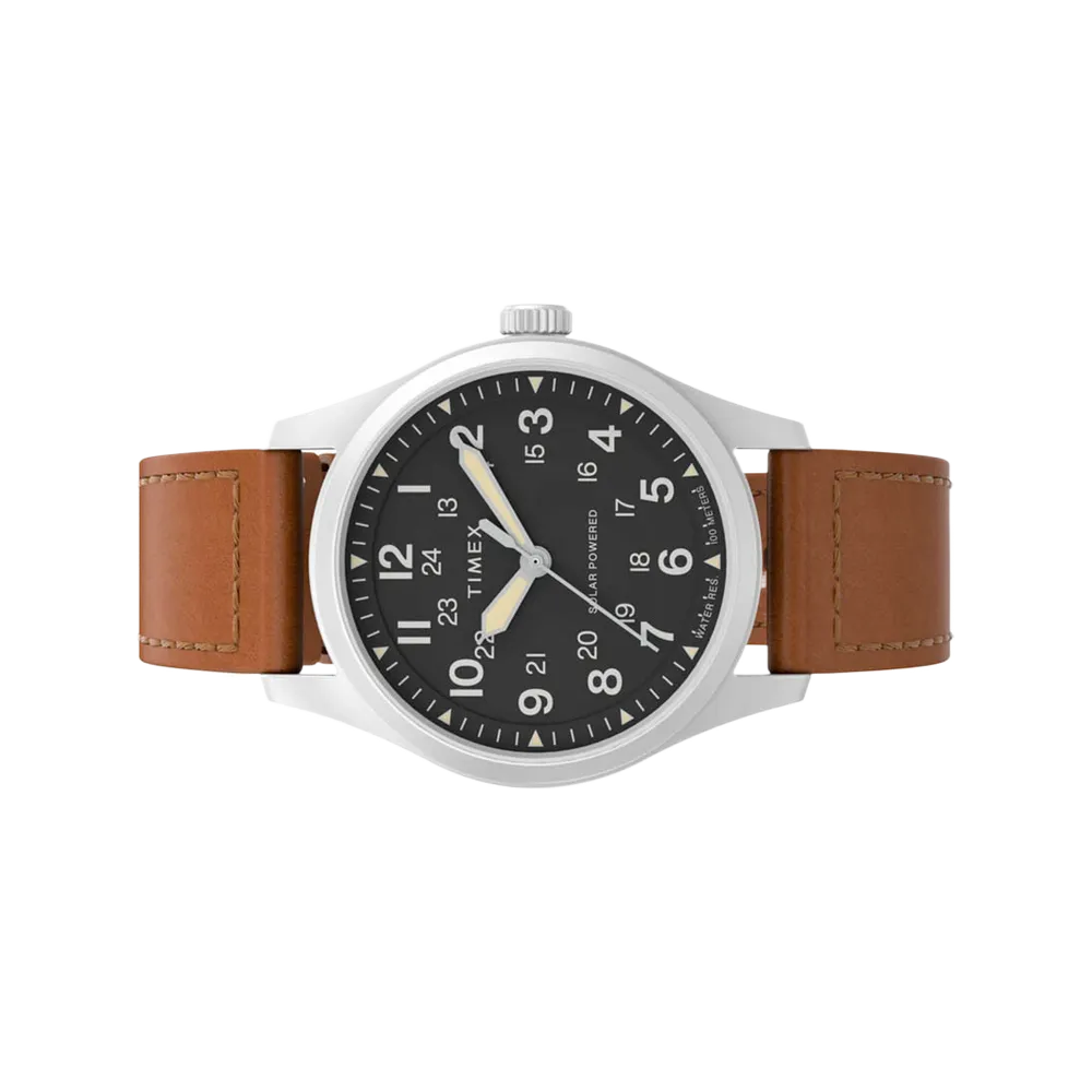 Timex TW2V00200 Expedition Field Post Solar horizontal front view brown leather band
