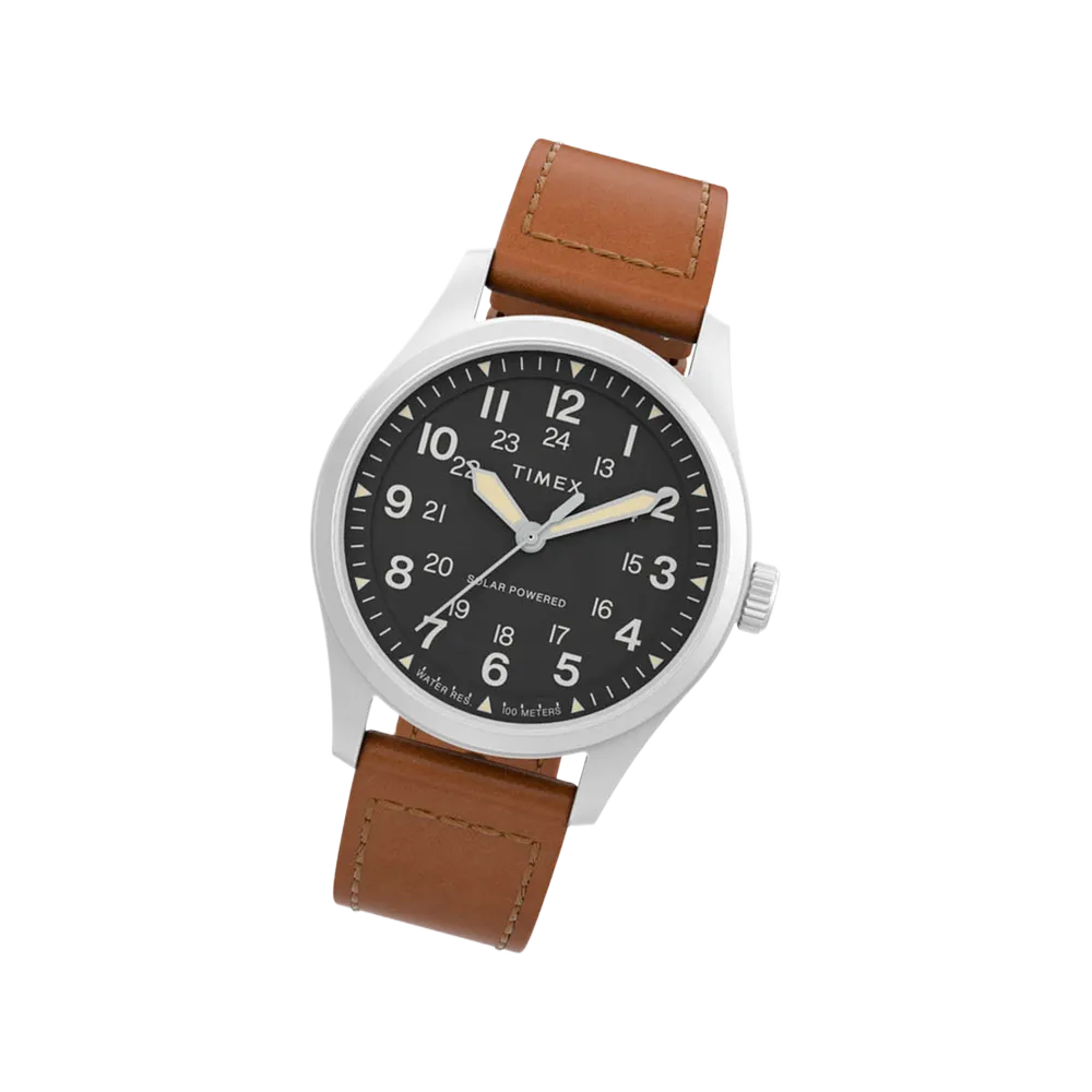 Timex TW2V00200 Expedition Field Post Solar angled black dial brown leather band