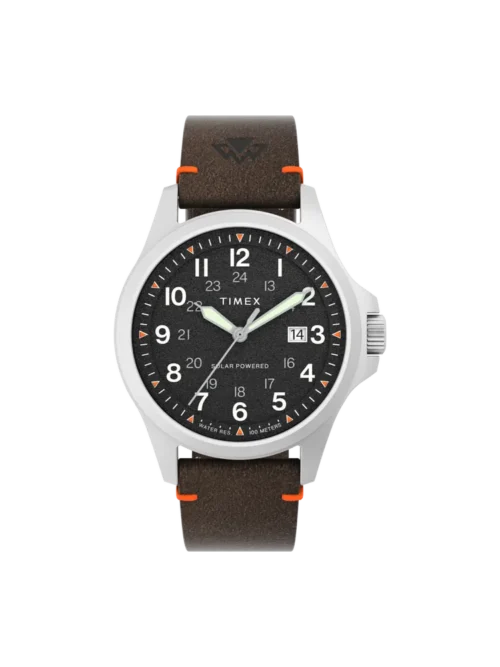 Timex TW2V64100 Expedition North Field Solar 41mm field watch with black dial and brown leather band - front view