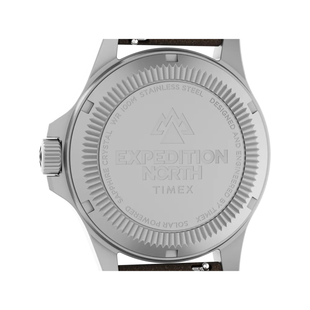 Timex TW2V64100 Expedition North Field Solar field watch caseback engraved with sapphire crystal and 100m water resistance markings