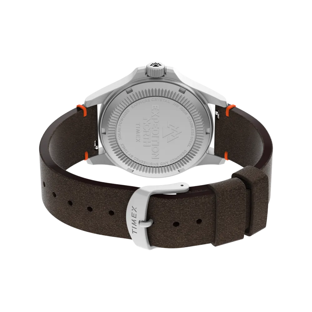 Timex TW2V64100 Expedition North Field Solar field watch angled rear view with brown leather band