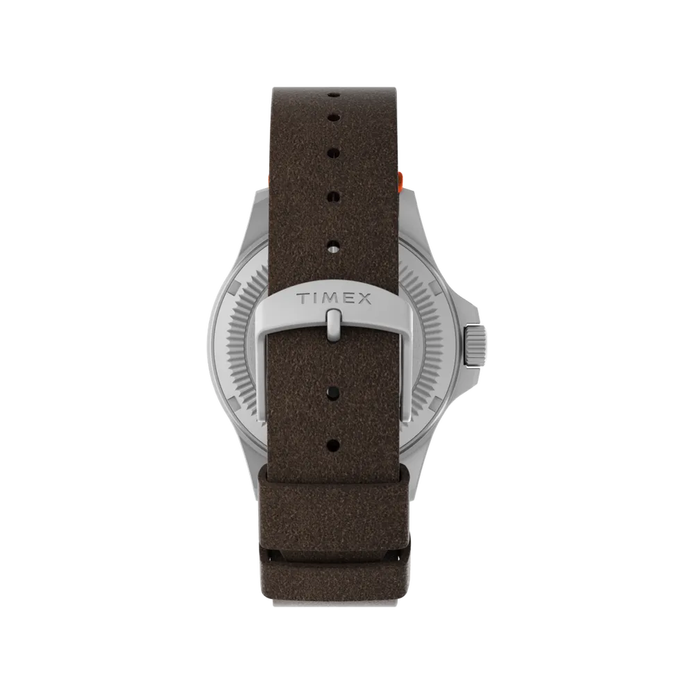 Timex TW2V64100 Expedition North Field Solar field watch brown leather band and buckle detail